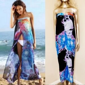 BLUE CHIFFON SHEER FLORAL PRINT BEACH COVER UP DRESS